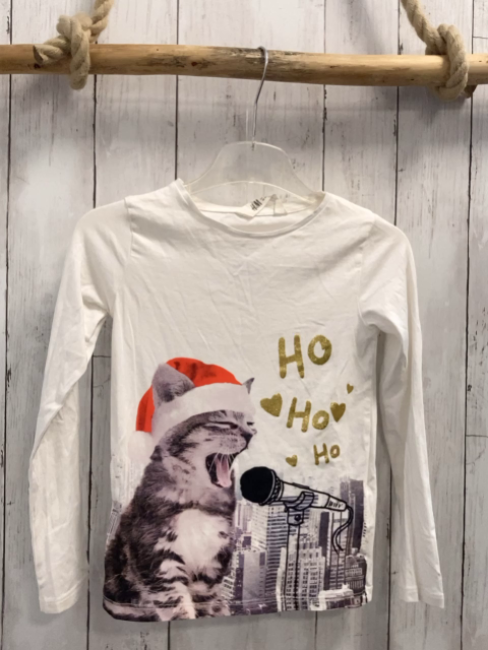 H&M  Langarmshirt  Gr. 122  weiß Katze mit Weihnachtsmütze goldene Glitzrschrift 