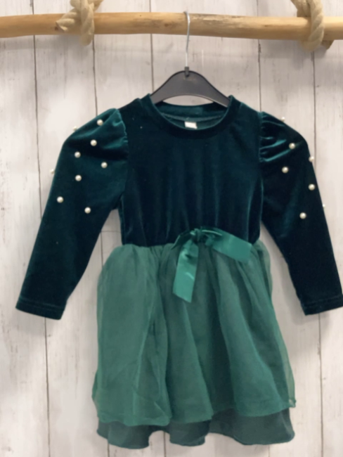   Kleid  Gr. 98  grünes Nickyoberteil mit Perlen + Tüllrock mit Schleife 