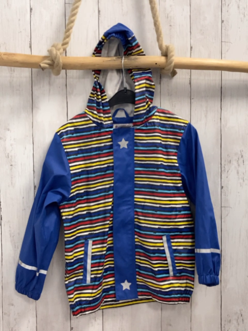   Rergenjacke  Gr. 128  blau + bunte Streifen Kapuze 