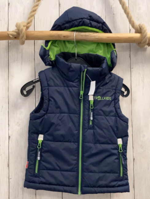 Trollkids  Weste  Gr. 110  blau Kapuze hellgrüne Reißverschlüsse 