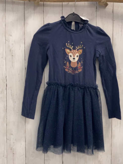   Kleid  Gr. 116  blaues Oberteil mit Reh Tüllüberrock mit goldenen Glitzerpunken 