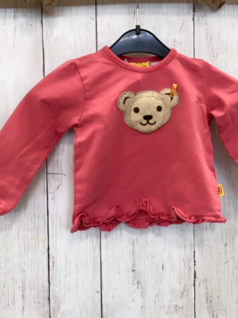 Steiff  Pullover  Gr. 80  hellrot Rüschensaum Plüschbärenkopf 