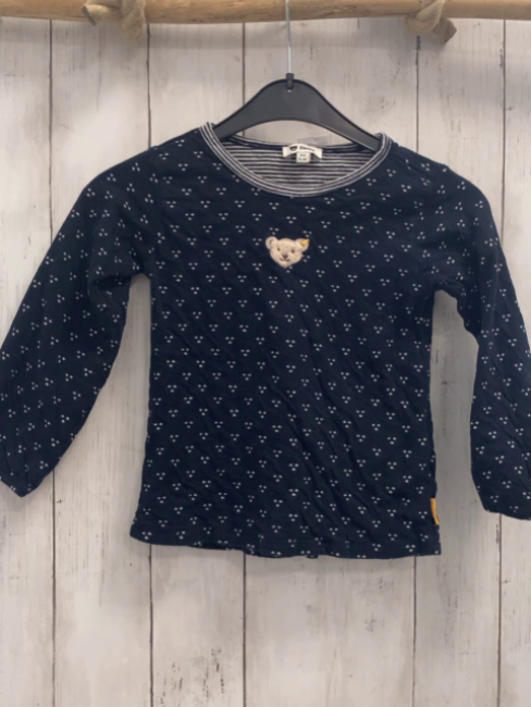 Steiff  Pullover  Gr. 104  dunkelblau weiße Punkte blau weißer Streifenbund Plüschbärenkopf 