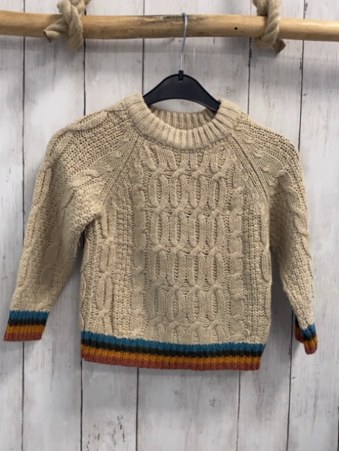 Zara  Pullover  Gr. 98  beige Strick Zöpfe petrol braun orange rost gestreifter Bund 