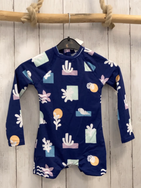   UV-Schutzoverall Gr. 98  blau bunte Quadrate Kreise Rechtecke weiß Blumen 