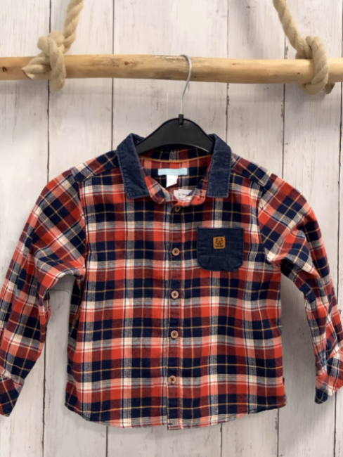 Obaibi Hemd  Gr. 98  rot blau ocker weiß kariert blauer Kordkrage 