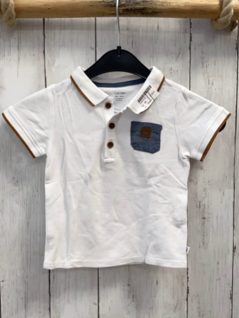Obaibi  T-Shirt  Gr. 80  weiß Polokragen hellbrauner Bund blaue Brusttasche 