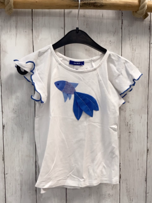 Okaidi  T-Shirt  Gr. 116  weiß blauer Fische Rüschenärmel mit blauem Rand 