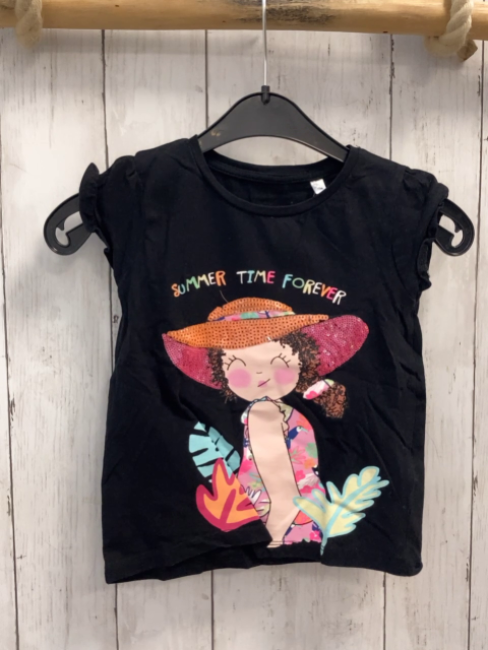  T-Shirt  Gr. 104  schwarz Mächen mit Pailettenhut bunte Bltter + Schrift 