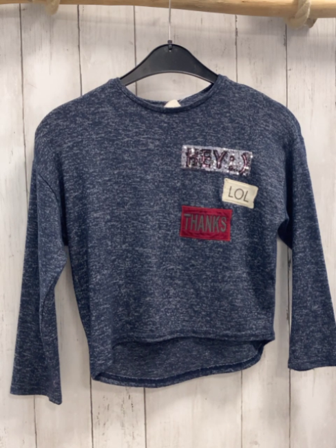 Zara  Pullover  Gr. 122  blau grau meliertz Aufnäher z.T. mit Pailetten