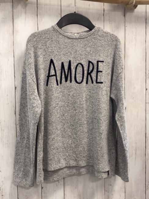 Zara  Pullover  Gr. 152  hellgrau grau meliert Strick schwarze Schrift 