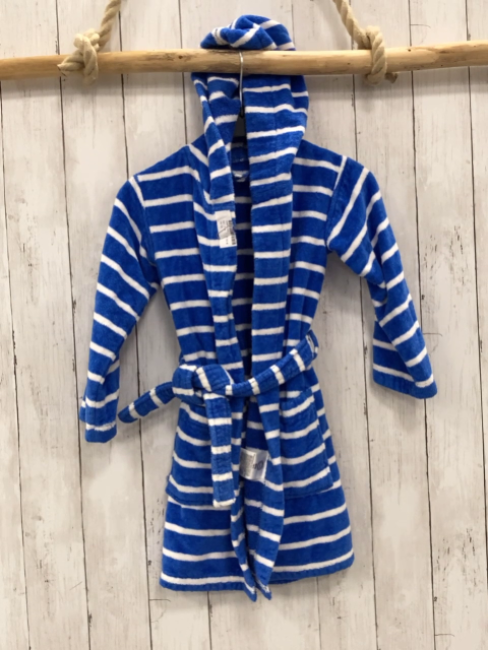   Bademantel Gr. 110  blau weiße Streifen Kapuze 