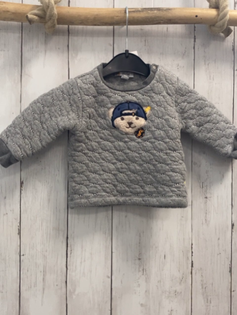 Steiff  Pullover  Gr. 80  grau hellgraue Streifen Bärenopf mit blauer Kappe 