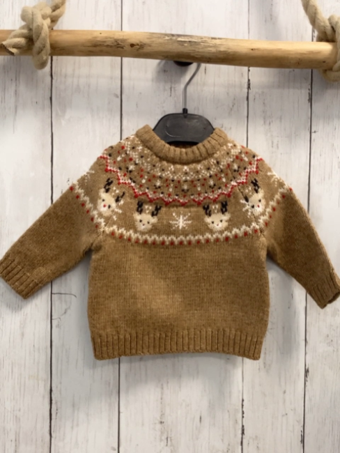 kiabi Pullover  Gr. 62  beige Strick Rehköpfe + weiß rot graues Muster 