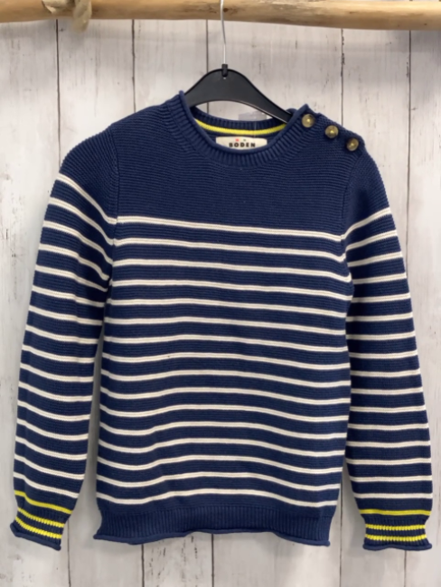 Mini Boden  Pullover  Gr. 140  blau weiße Streifen Strick + gelber Streifenbund 