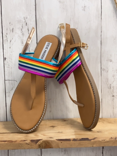 neu Steve Madden  Sandalen  Gr. 35  bunte Streifen + hellbraun Sohle mit silber Steinen eingefasst 