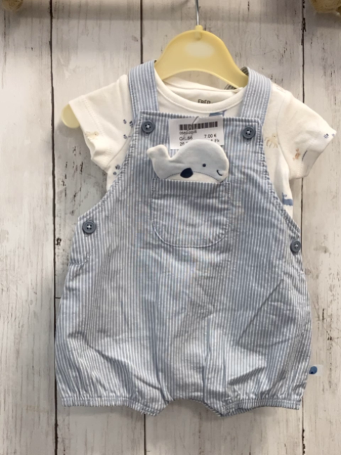 2tlg Fred & Flo  Playsuit + Body  Gr. 56  hellbau weiße Striefen Wal + weiß kleine Bilder 