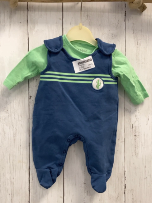 2tlg Kanz  Strampler + Langarmshirt  Gr. 50  blau + hellgrüne Streifen + hellgrün 