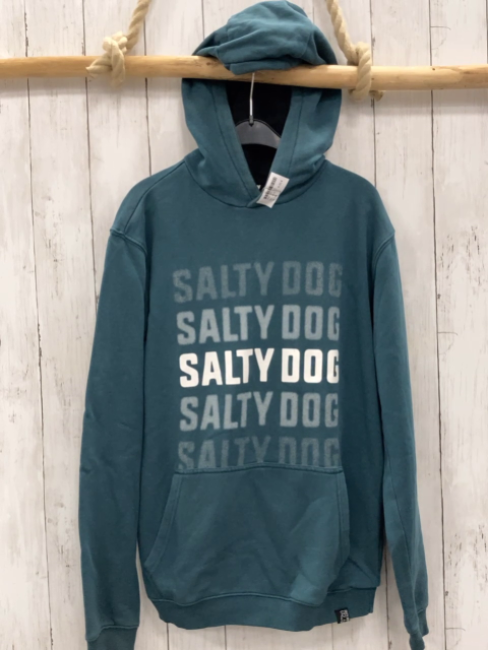   Pullover  Gr. 170  petrol Kapuze grau weiße Schrift Bauchtasche 