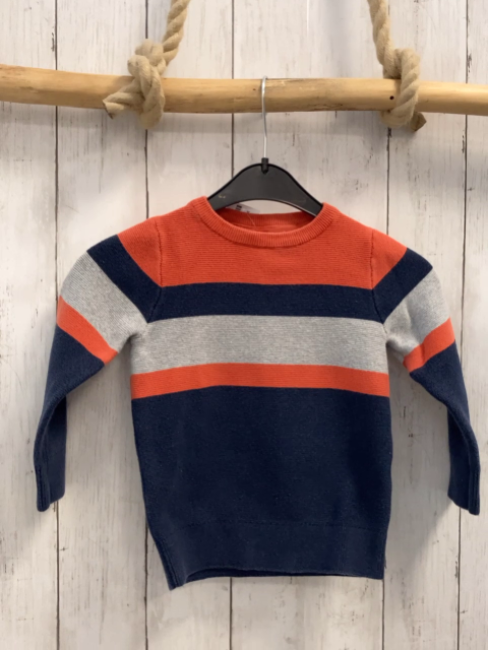   Pullover  Gr. 104  rot blau hellgrau Strick mit Streifen