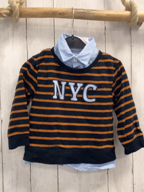   Pullover  Gr. 92  schwarz ocker Streifen hellblauer Hemdkragen Schrift 