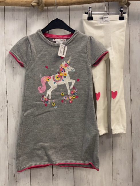 2tlg Mula Bug  Kleid + Leggings  Gr. 104  hellgrau Strick Einhorn Blumen + weiß pink Herz 