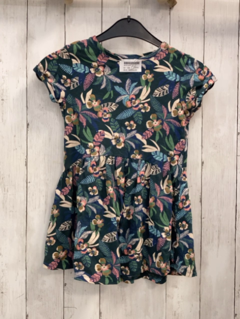 Vertbaudet  Kleid  Gr. 128  dunkelgrün bunte Blumen + Blätter 