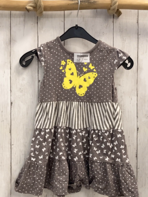   Kleid  Gr. 98  grau weiße Punkte Streifen + Schmetterlinge + gelber Schmetterling 