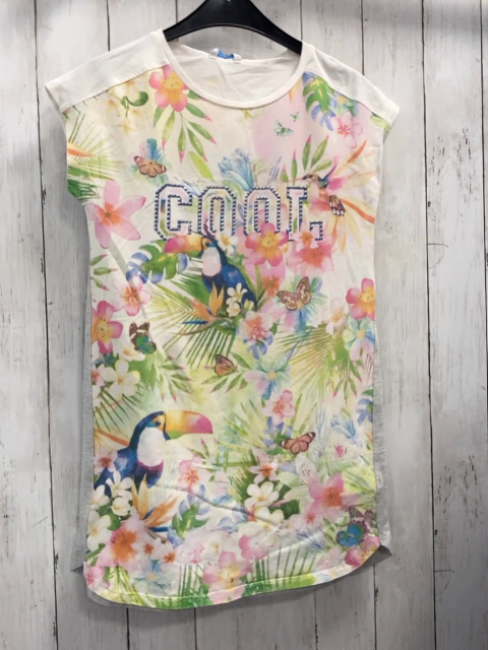 mayoral  Kleid  Gr. 152  creme Blumen Vogel Schmetterling Schrift mit silbernen Steinen 