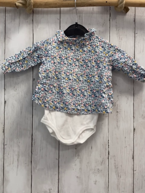 Petit Bateau  Bluse  Gr. 62  weiß bunte Früchte petrol Blätter weißes Bodunterteil 