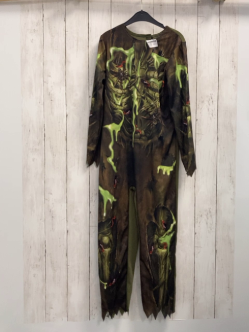   Karnevalkostüm  Gr. 134  oliv brauner Overall mit Spinnen 