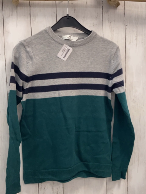 H&M  Pullover  Gr. 134/140  hellgrau grün + 2 schwarze Streifen Strick 
