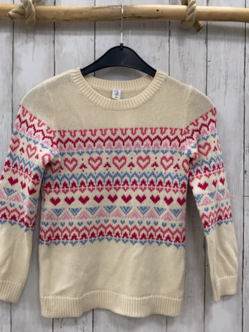   Pullover  Gr. 128  creme + hellblau rot pink Muster Strick