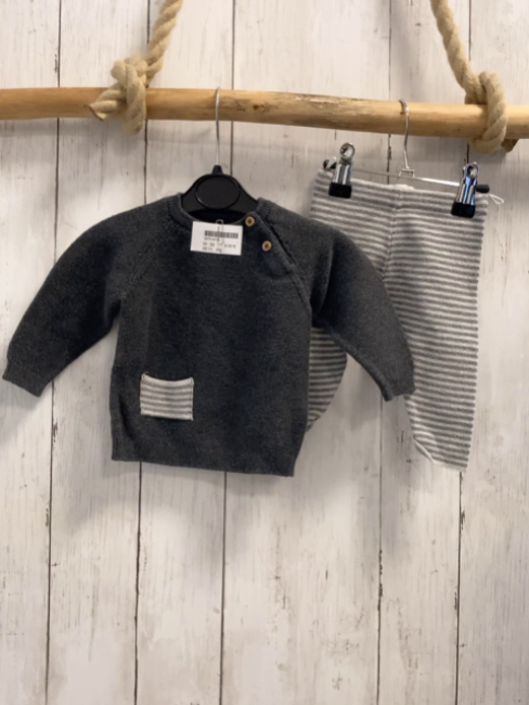 2tlg  Pullover + Leggings  Gr. 62  grau + hellgrau graue Streifen Strick 