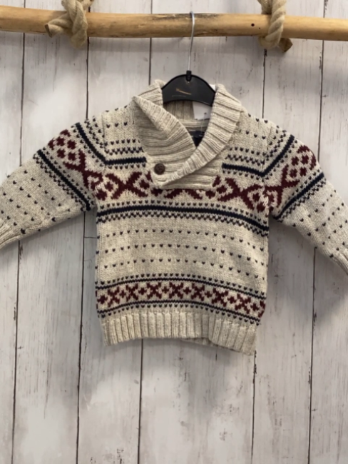 H&M  Pullover  Gr. 74  hellgrau + weinrot dunkelgrünes Muster Strick großer Kragen 