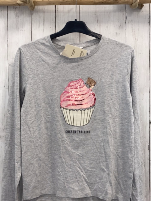 neu Mango Langarmshirt  Gr. 164  hellgrau Törtchen mit Pailetten