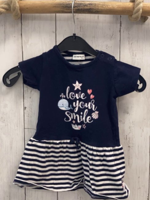 Salt & Pepper  Kleid  Gr. 74  blaues Oberteil mit Schrift mit Marinemotiven + blau weiß gestreifter Rock 