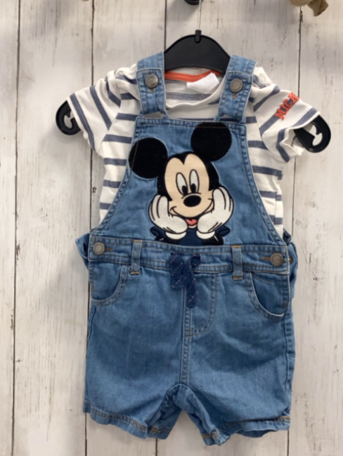 2tlg  T-Shirt + Latzshorts  Gr. 80  weiß blaue Streifen + blau Jeans mit Micky Mouse 