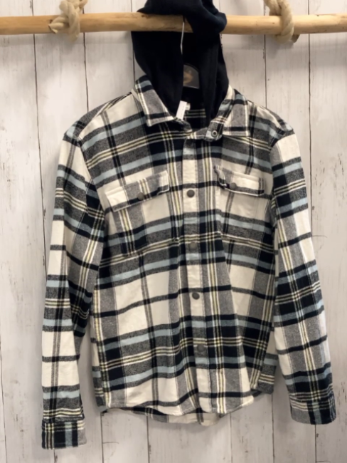   Hemd  Gr. 152  weiß schwarz hellblau gelb kariert schwarze Kapuze 