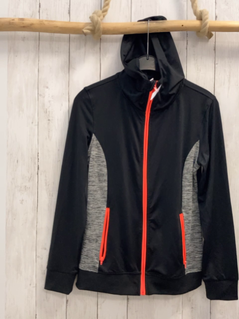  Joggingjacke  Gr. 158/164  schwarz + grau hellgrau meliert Kapuze hellrote Reißverschlüsse 