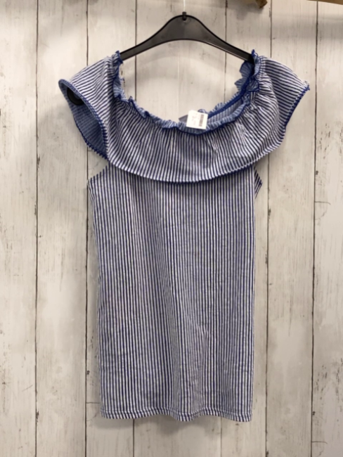 neu YFK T-Shirt  Gr. 158  blau hellgraue Streifen Rüschenkragen 