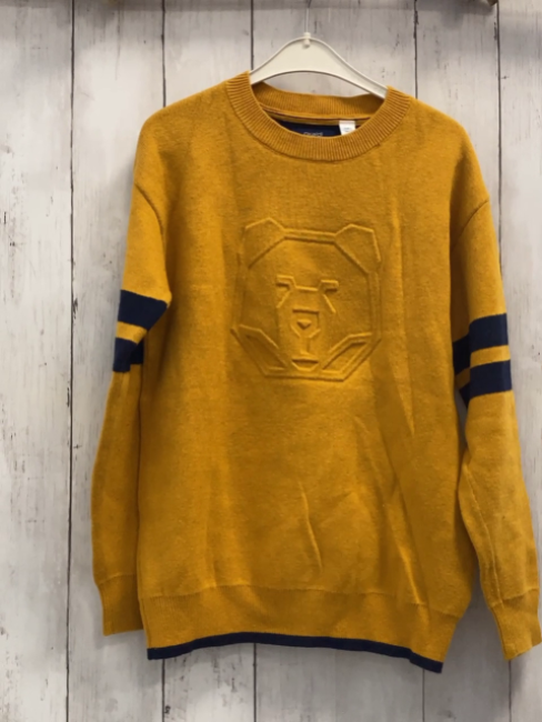 Okaidi  Pullover  Gr. 140  mais Strick Bärenkopf blaue Streifen am Ärmel + blauer Bund 