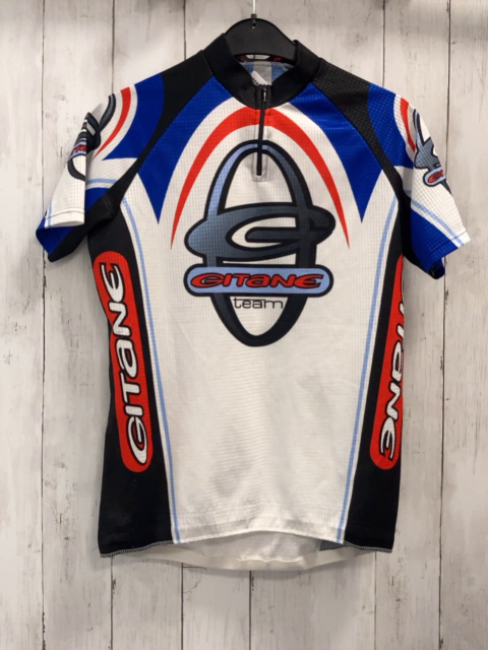   Sportshirt  Gr. 158  weiß blau rot schwarze Druck Reißverschluss 