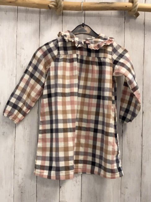 H&M  Kleid  Gr. 104  weiß hellbraun schwarz altrosa kariert Rüschenkragen