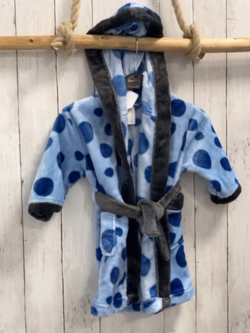   Bademantel Gr. 92  hellblau Plüsch blaue Punkte grauer Bund 