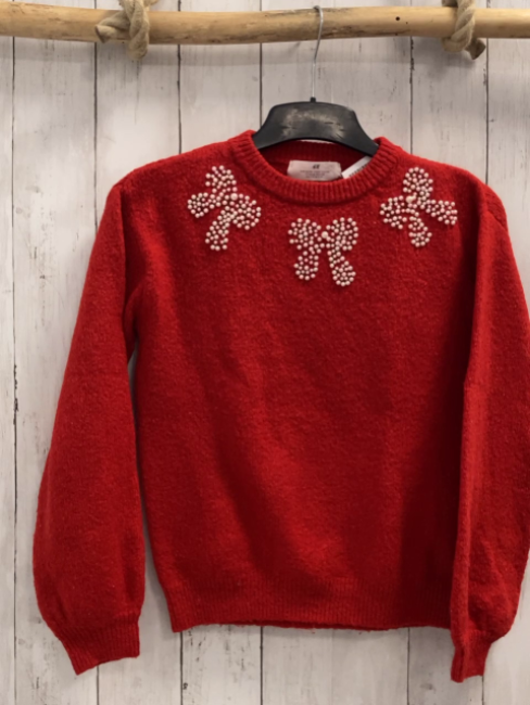 H&M  Pullover  Gr. 134/140  rot Strick Schleifen aus weißen Perlen