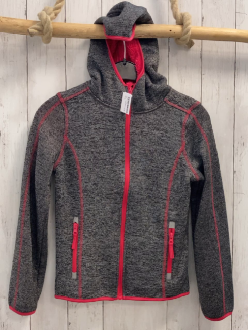   Strickjacke  Gr. 134/140  grau hellgrau meliert roter Bund + Nähte Kapuze 