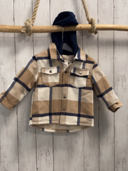   Hemdjacke  Gr. 86  creme sand blau kariert blaue Kapuze 
