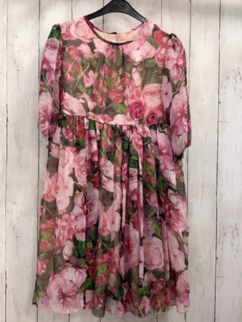  Kleid  Gr. 140  zweilagig rosa weinrote Blumen grün hellgrüne Blätter 