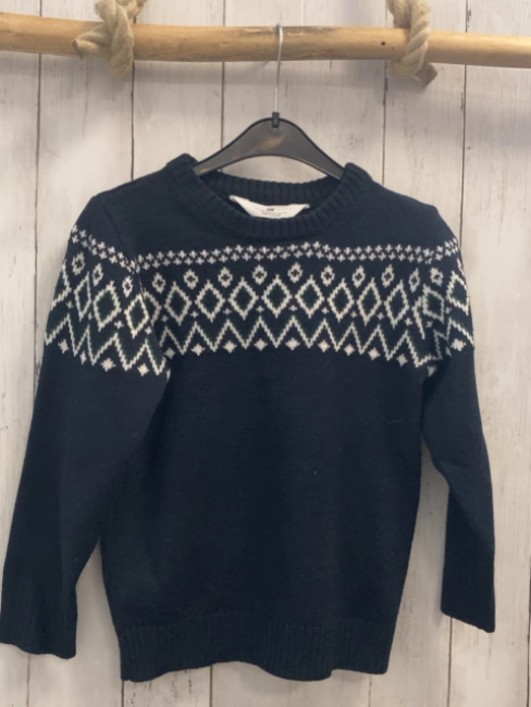 H&M  Pullover  Gr. 122  blau Strick + weiß grüne Rauten 